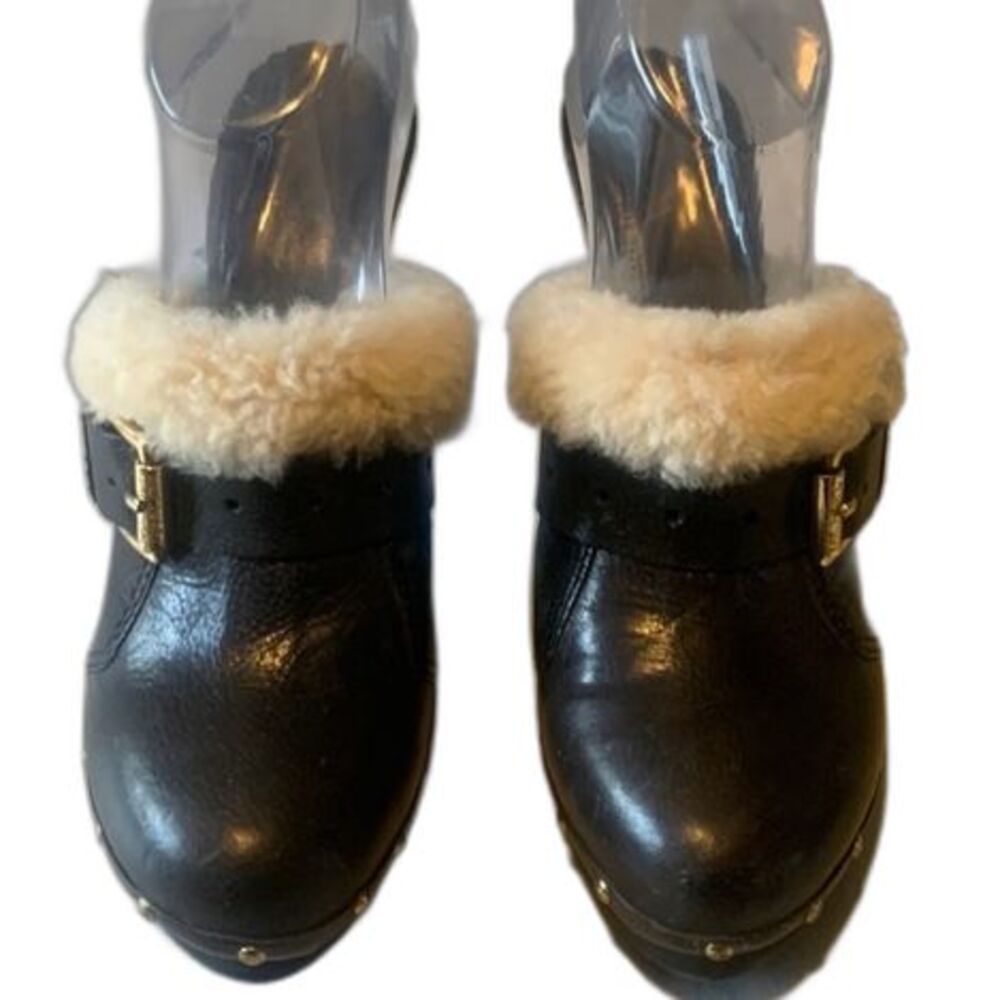 Michael Kors Studded Black Leather Wood Platform Clogs Size 9 Shearling Mules - Picture 3 of 12